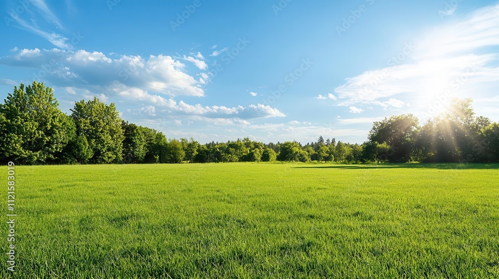 Wideangle view of a sunlit meadow rich with plants releasing oxygen into the breeze Wideangle view of a sunlit meadow rich with plants releasing oxygen into the breeze