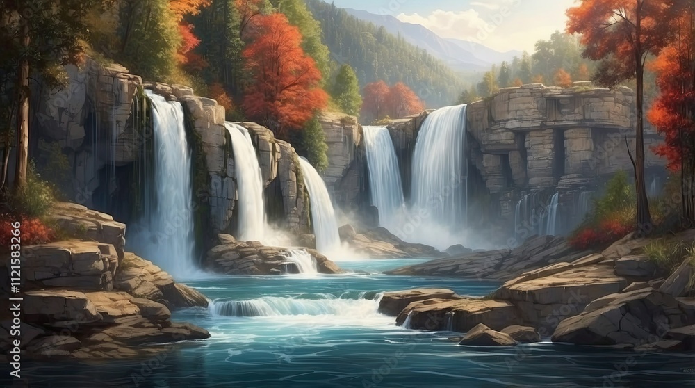 A breathtaking depiction of a majestic waterfall cascading down a rugged cliff, surrounded by lush greenery. The water flows gracefully, creating a misty spray at the base, with sunlight catching the A breathtaking depiction of a majestic waterfall cascading down a rugged cliff, surrounded by lush greenery. The water flows gracefully, creating a misty spray at the base, with sunlight catching the