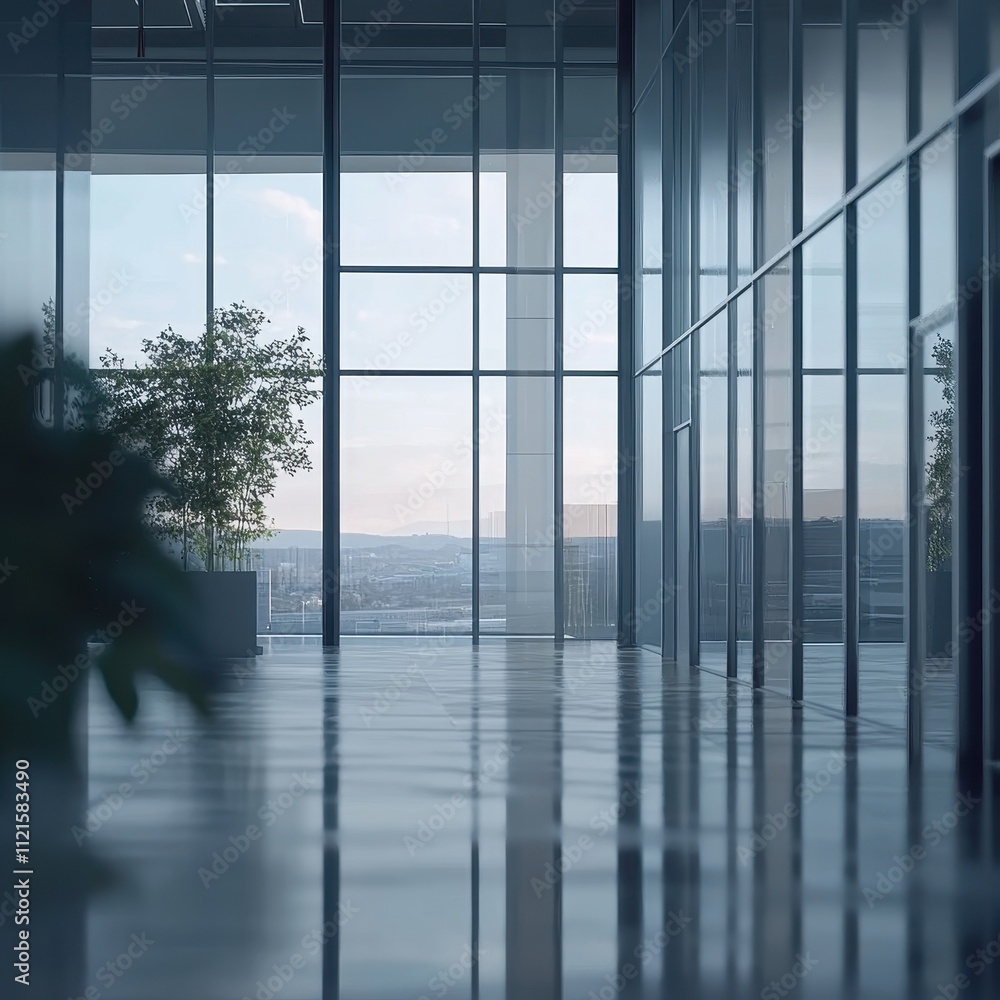 Fototapeta premium Modern Glass Corridor with Reflection of Outdoor Scenery