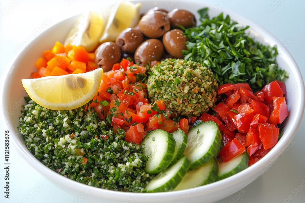 A colorful Buddha bowl vegetable salad featuring red quinoa, spiralized carrots, shredded purple cabbage, baby spinach, roasted chickpeas, and creamy hummus in the center A colorful Buddha bowl vegetable salad featuring red quinoa, spiralized carrots, shredded purple cabbage, baby spinach, roasted chickpeas, and creamy hummus in the center