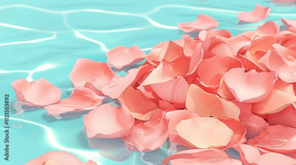 Fototapeta premium Delicate pink rose petals floating on serene blue water, creating a tranquil and romantic atmosphere.