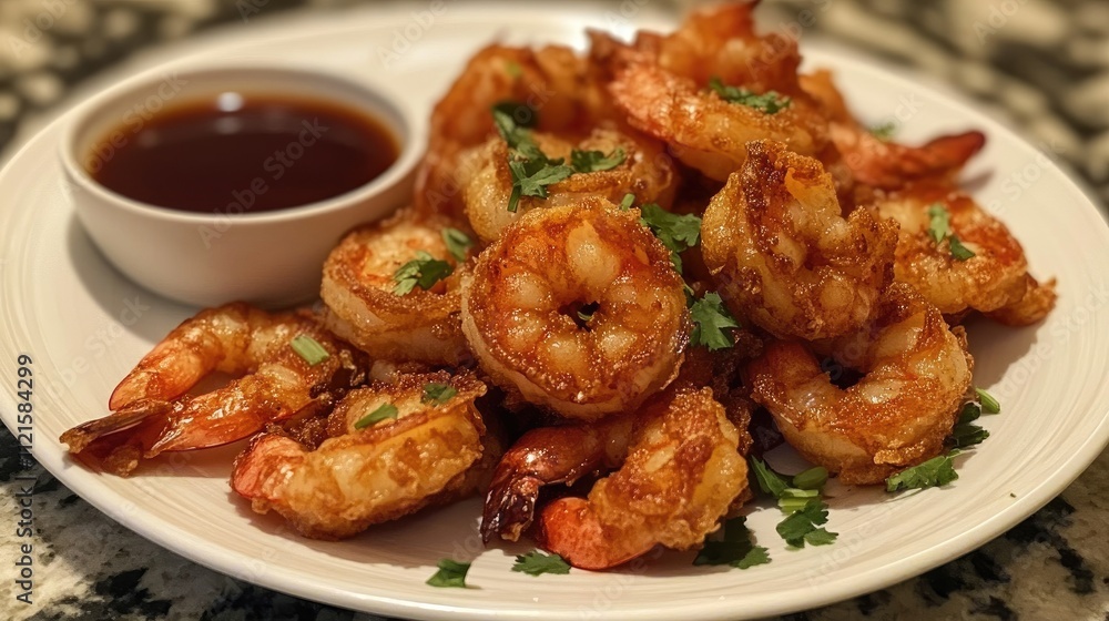 A vibrant plate of tempura shrimp with a crispy golden batter, garnished with chopped herbs and a small bowl of soy sauce on the side A vibrant plate of tempura shrimp with a crispy golden batter, garnished with chopped herbs and a small bowl of soy sauce on the side
