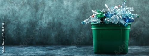 Green recycling bin with assorted recyclable materials like plastic bottles glass jars and aluminum cans on concrete background