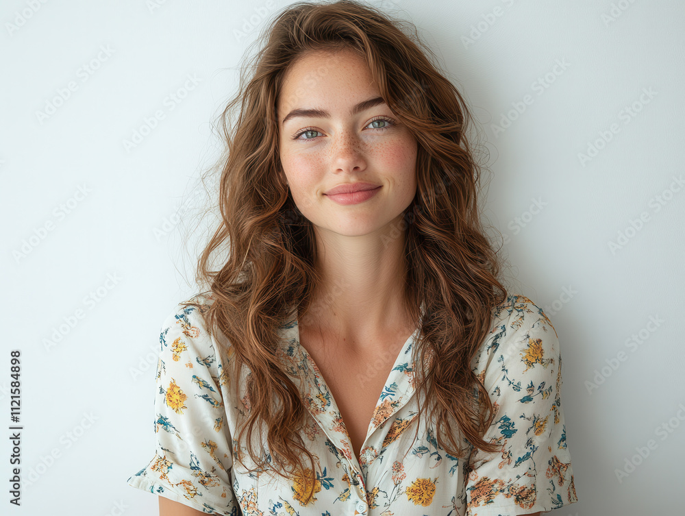 woman with wavy hair smiles warmly in floral blouse