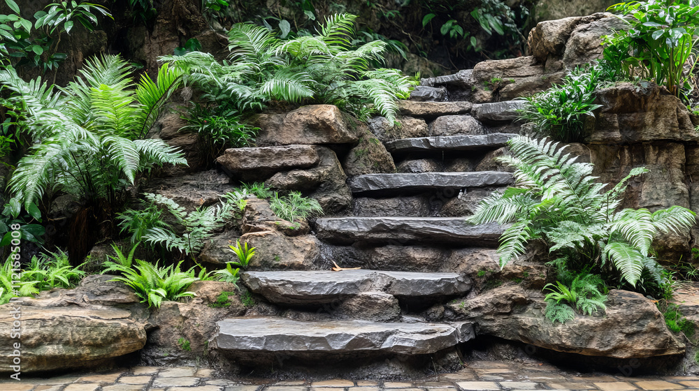 Fototapeta premium Creating a Serene Stone Staircase Surrounded by Lush Greenery