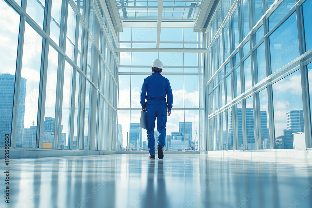 Fototapeta premium Japanese worker in blue overalls and helmet walks through modern glass building, showcasing professional atmosphere and urban skyline