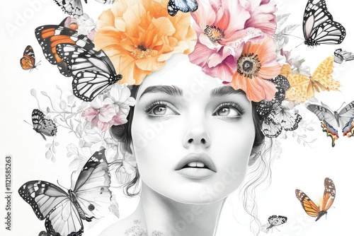 nice eyes woman with flowers on white