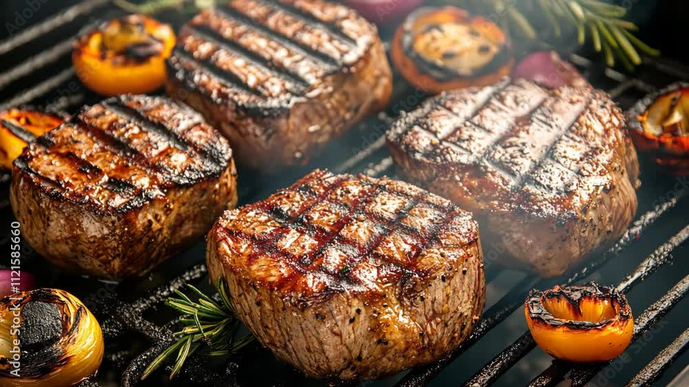 Grilling delicious steaks with vegetables on an outdoor barbecue during a sunny day Grilling delicious steaks with vegetables on an outdoor barbecue during a sunny day