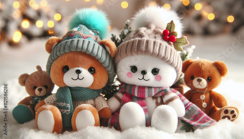 Wallpaper Mural Adorable plush toys with cute expressions and cozy accessories on a snowy surface. Generative AI. Torontodigital.ca