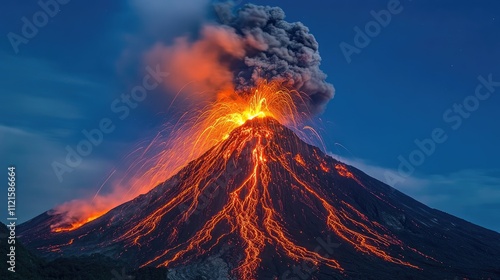 An erupting volcano sending hot lava and ash into the air, with glowing red lava flows and thick clouds of smoke filling the sky above