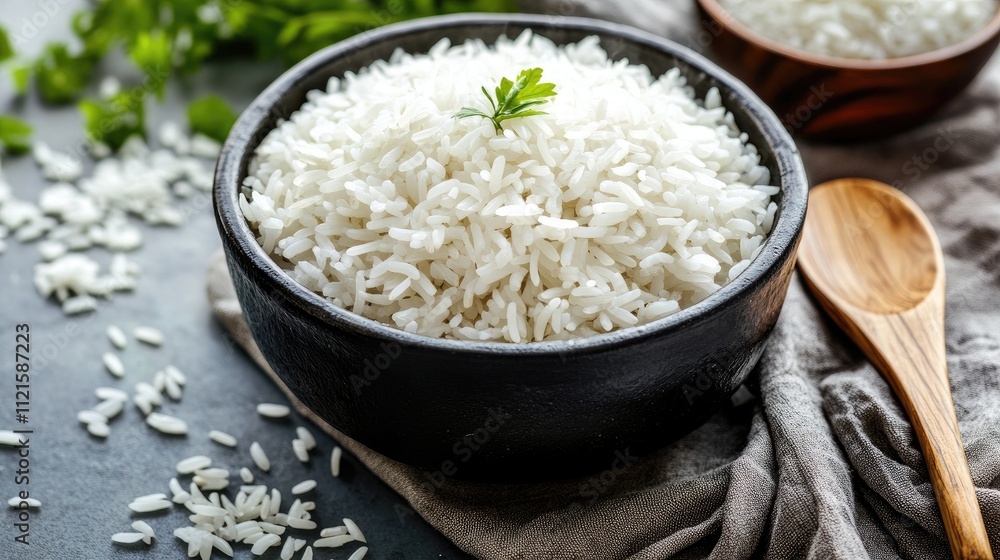 Freshly cooked white rice in a black clay pot, with steam visibly rising and a traditional wooden spoon placed beside it Freshly cooked white rice in a black clay pot, with steam visibly rising and a traditional wooden spoon placed beside it