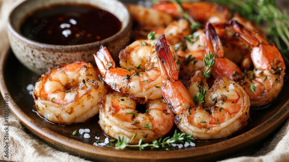Tempura shrimp served on a rustic plate with a light dusting of sea salt, accompanied by a bowl of soy sauce and garnished with fresh herbs Tempura shrimp served on a rustic plate with a light dusting of sea salt, accompanied by a bowl of soy sauce and garnished with fresh herbs