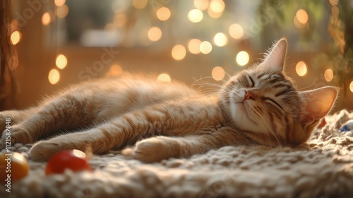 Adorable Sleeping Cat with Playful Expression Relaxing on Cozy Blanket Surrounded by Warm Lights, Perfect for Capturing Peaceful Feline Moments in a Home Environment photo