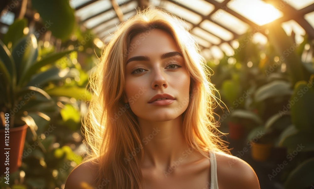 Young woman in a greenhouse at sunset Young woman in a greenhouse at sunset