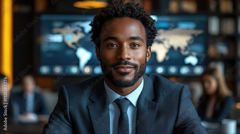 Fototapeta premium A Black man in a business suit leads a virtual meeting with global team members from diverse backgrounds, emphasizing collaboration and inclusivity