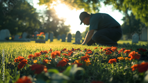 An Experienced Groundskeeper Preserving the Serenity of a Cemetery with Manicured Grounds and Seasonal Flowers