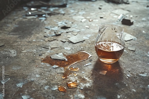 A glass containing alcohol lies shattered on a gritty surface, surrounded by shards of glass. The scene reflects the harsh realities of addiction and the aftermath of reckless drinking. Generative AI