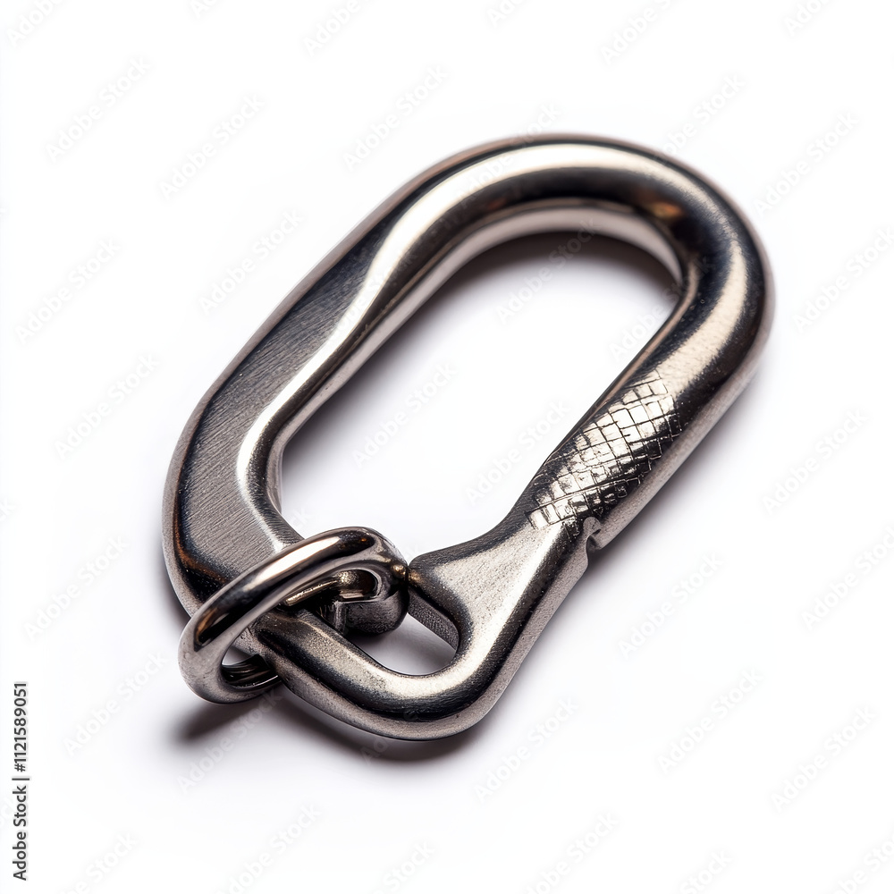 Detailed Close-up of a Metal Carabiner Clip on White Background Detailed Close-up of a Metal Carabiner Clip on White Background
