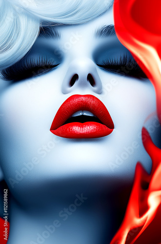 A woman with red lips and blue eyes is shown in a red background. The image is a close up of the woman's face, with her lips and eyes being the main focus. The red background adds a bold