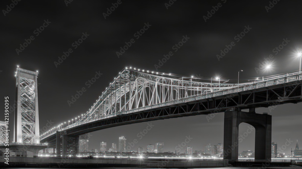 Fototapeta premium A black-and-white image of a bridge illuminated against a nighttime city skyline.