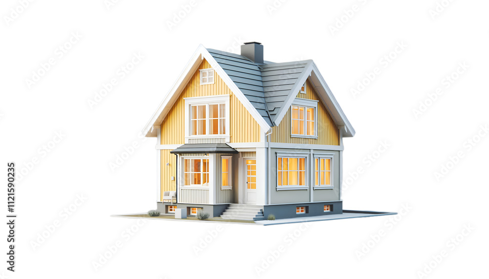 Scandinavian model house with a yellow facade, white windows, and a grey roof on transparent background Scandinavian model house with a yellow facade, white windows, and a grey roof on transparent background