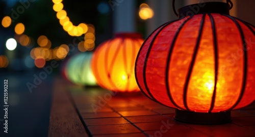 Lanterns (European Summer Festivals) – Decorative paper lanterns glowing brightly, surrounded by a warm golden light. A vibrant 4K image with red-black tones and festive party lighting. photo