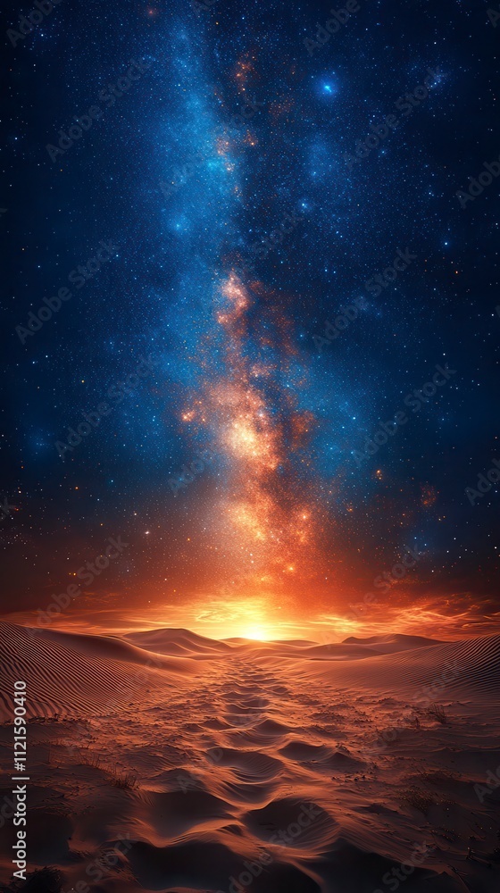 Obraz premium Celestial Desert: A breathtaking view of the Milky Way over the dunes at night.