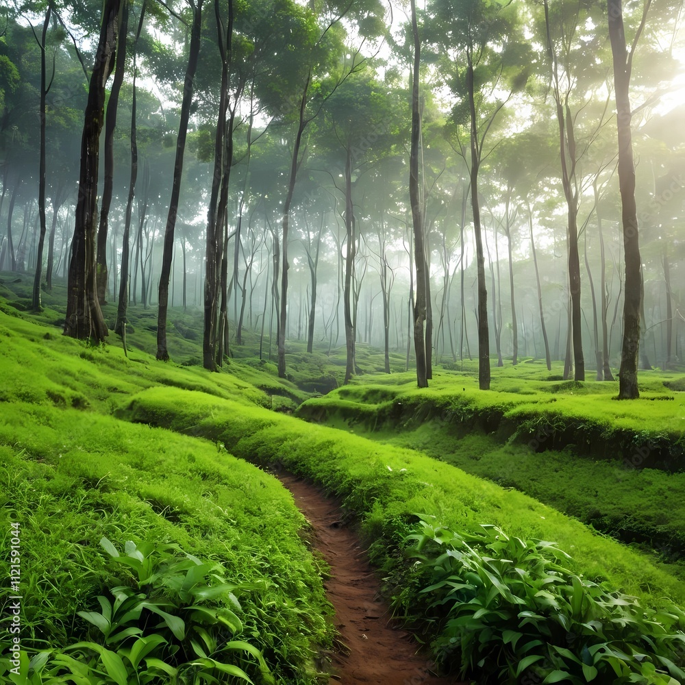 Fototapeta premium Peaceful Indonesian Jungle Scene with Early Morning Mist Between Lush Trees