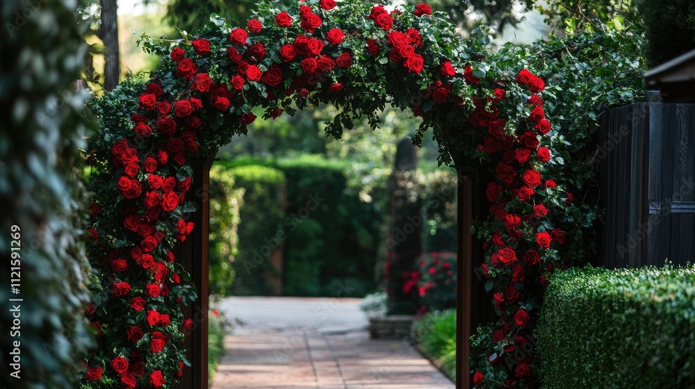 Stunning Floral Archway Adorned with Vibrant Red Roses in Garden Stunning Floral Archway Adorned with Vibrant Red Roses in Garden