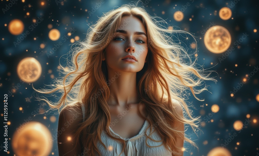 Ethereal young woman surrounded by glowing orbs Ethereal young woman surrounded by glowing orbs