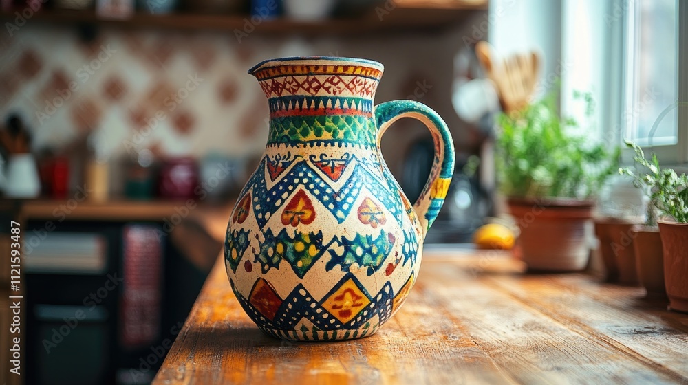 Colorful Ceramic Pitcher on Wooden Table in Cozy Kitchen Setting Colorful Ceramic Pitcher on Wooden Table in Cozy Kitchen Setting
