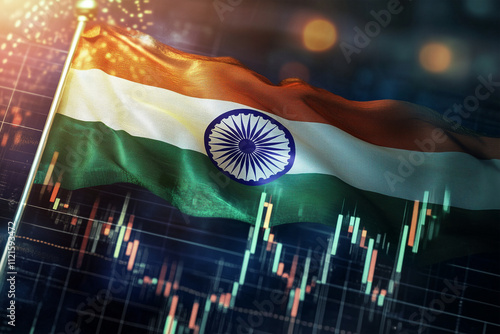 Indian Economy Concept - Financial Data on India Flag