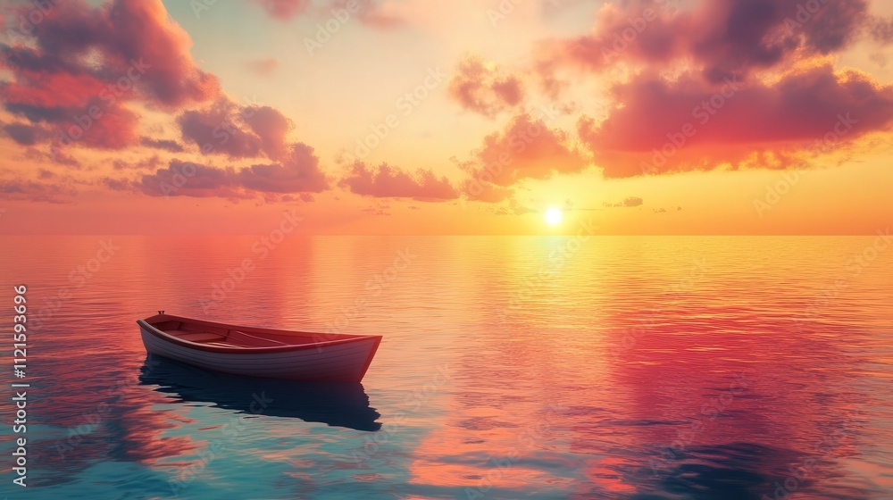 a boat floating under a vivid sunset, with the warm light softly touching the water and illuminating the sky a boat floating under a vivid sunset, with the warm light softly touching the water and illuminating the sky