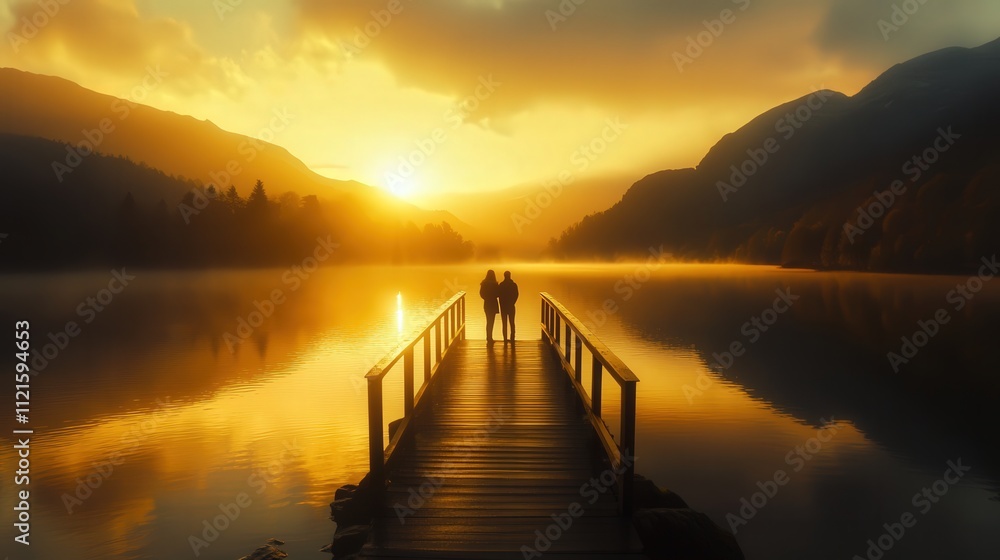 Fototapeta premium A serene 4K image of a couple standing at the end of a bridge, looking at the breathtaking view of a mountain lake.