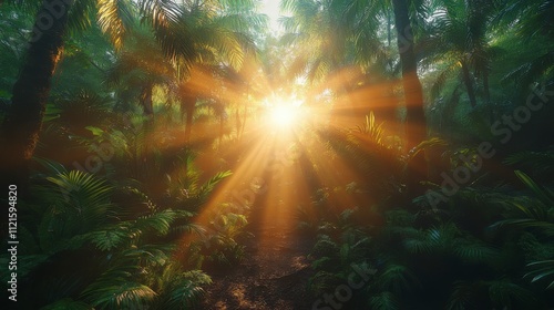 Sunlit Path Through a Lush Tropical Forest - A Serene Jungle Scene