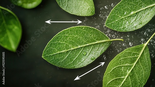 Closeup of stomata on a magnified leaf surface, with arrows indicating water vapor exiting photo