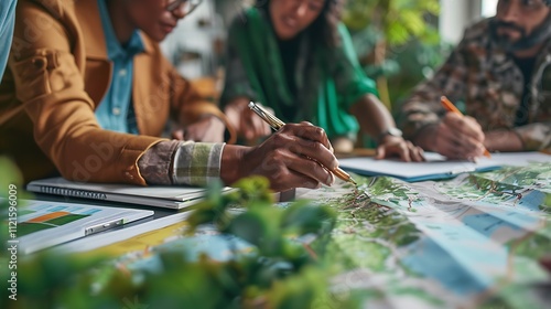 Fototapeta Naklejka Na Ścianę i Meble -  Group of professionals planning over environmental maps with green landscape strategy documents

