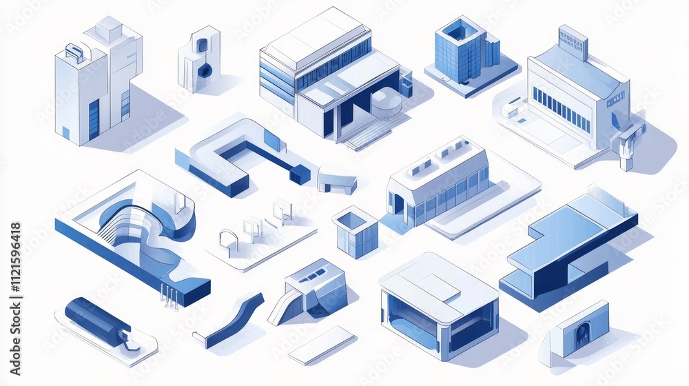 Isometric illustration of various modern buildings and architectural elements. Isometric illustration of various modern buildings and architectural elements.