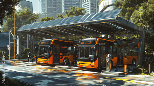 Electric buses charging at a solar-powered station in an urban setting.