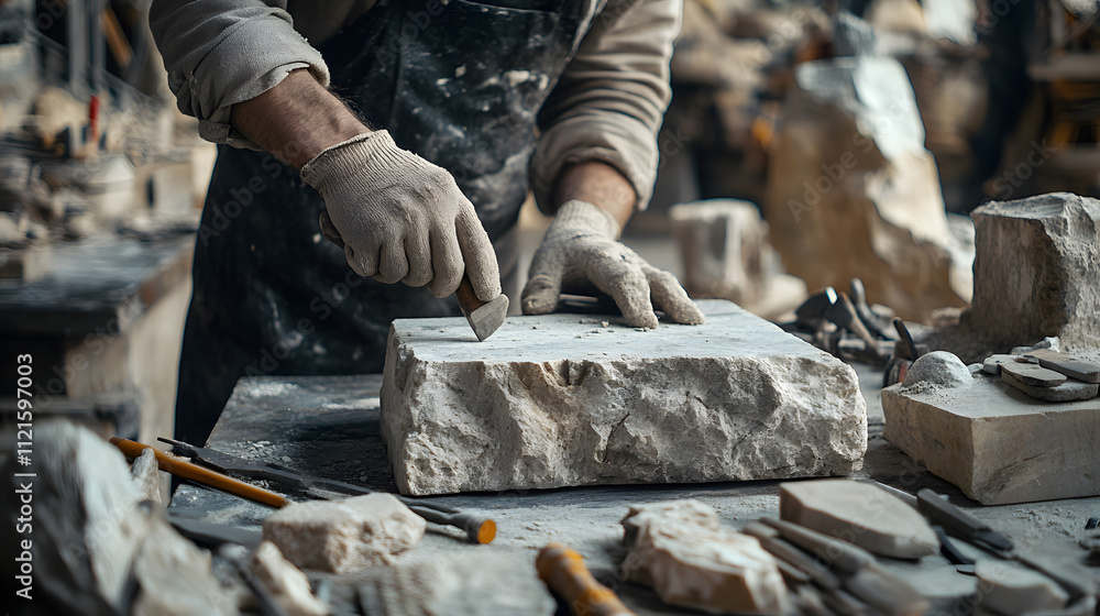 An Expert Stone Mason Honing His Skills While Crafting Beautiful Sculptures from Raw Granite Blocks in a Traditional Workshop Environment An Expert Stone Mason Honing His Skills While Crafting Beautiful Sculptures from Raw Granite Blocks in a Traditional Workshop Environment