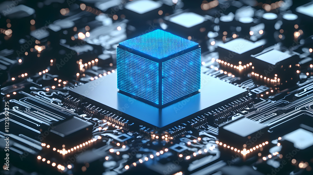 Futuristic blue microchip on circuit board Futuristic blue microchip on circuit board