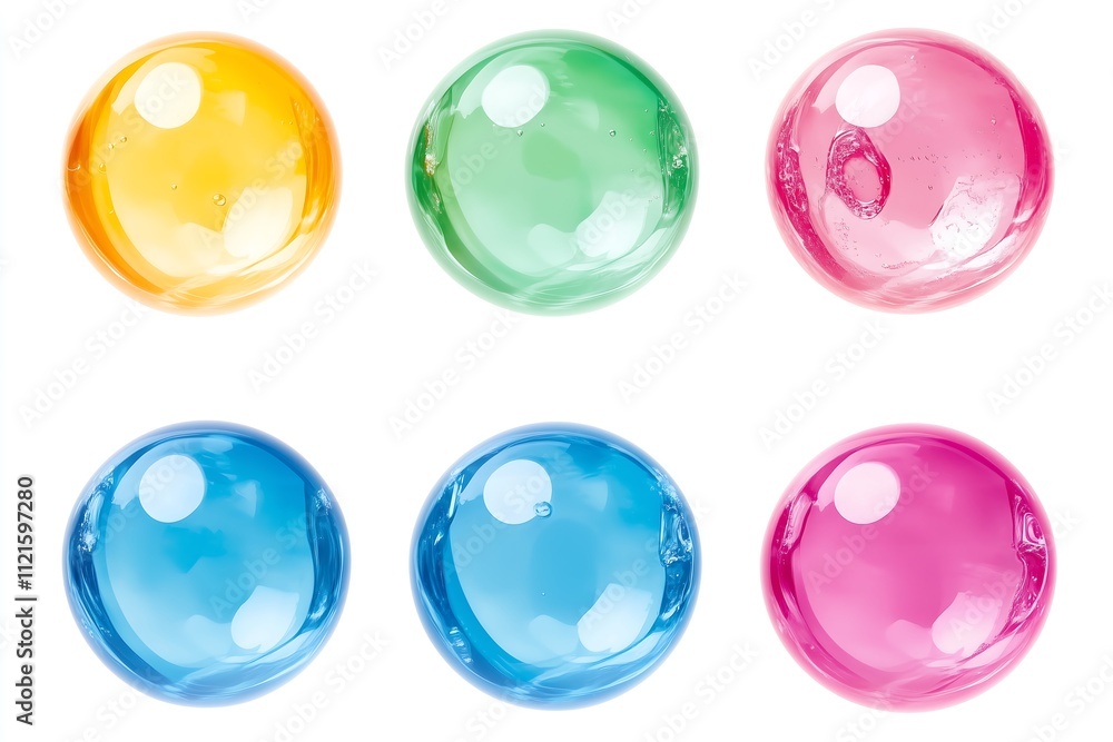 Colorful round gel bubbles in vibrant yellow, green, blue, and pink hues against a white background. Colorful round gel bubbles in vibrant yellow, green, blue, and pink hues against a white background.
