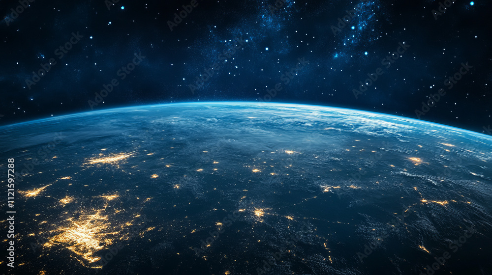 Obraz premium earth illuminated a stunning satellite view of nighttime city lights against the starry cosmos