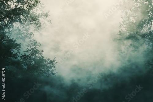 Ethereal fog envelops darkened trees, creating a mysterious and tranquil atmosphere. photo