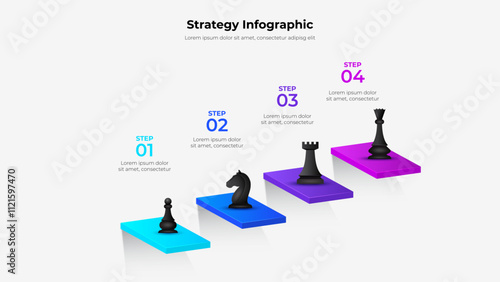 Four steps strategy infographic showing chess pieces on colorful steps, representing planning and progress