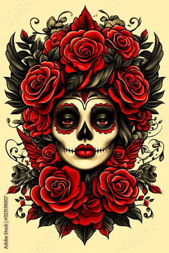 A woman with a skeleton on her face and roses around her head. The roses are red and the skeleton is black