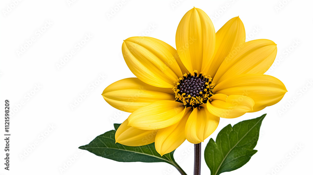 A vibrant yellow flower with broad petals and a dark center, complemented by green leaves, exuding brightness and freshness. A vibrant yellow flower with broad petals and a dark center, complemented by green leaves, exuding brightness and freshness.