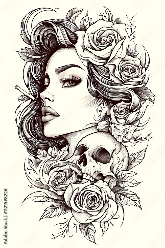 A woman with a skull and roses tattooed on her arm. The skull is positioned to the right of the woman's arm, and the roses are scattered around her arm and neck. The tattoo gives off a bold A woman with a skull and roses tattooed on her arm. The skull is positioned to the right of the woman's arm, and the roses are scattered around her arm and neck. The tattoo gives off a bold