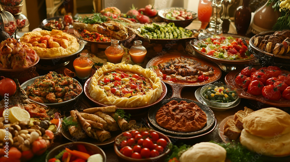 A vibrant table bursting with various dishes of various foods, Numerous delicious snacks are surrounding on the table, Warm festive table setting with variety of dishes and foods. A vibrant table bursting with various dishes of various foods, Numerous delicious snacks are surrounding on the table, Warm festive table setting with variety of dishes and foods.