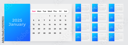Calendar Set for 2025 year. Week starts on Sunday. 2025 calendar design, set of 12 months